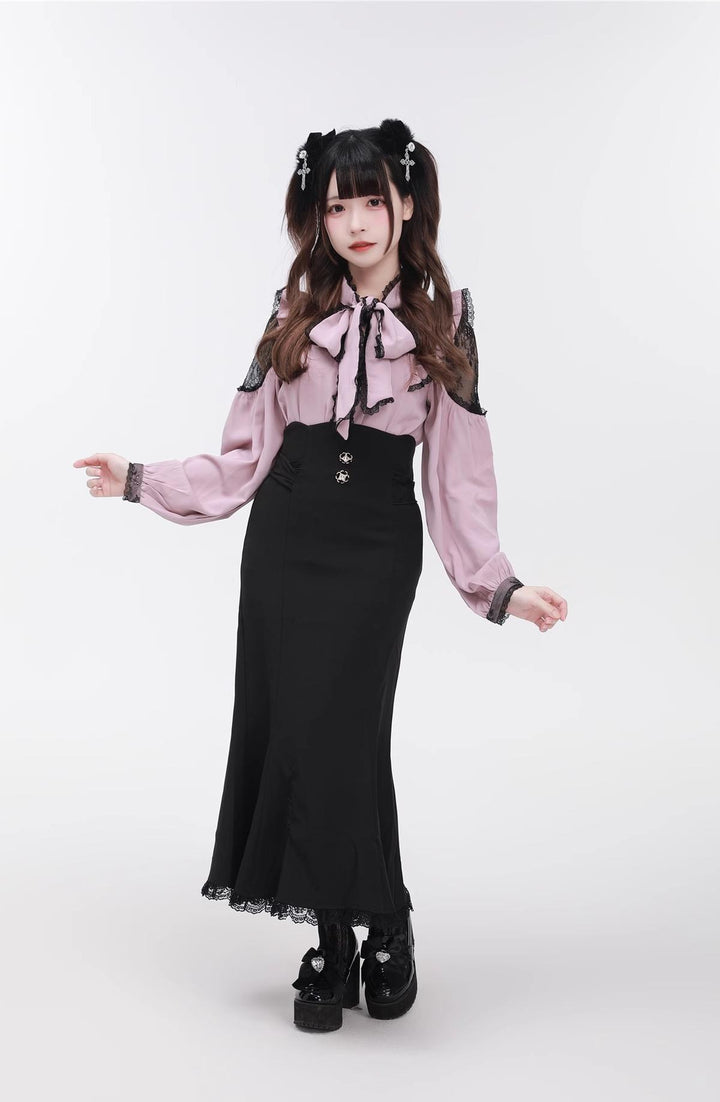 Jirai Kei Stand Collar Shirt with Lace Shoulder And Ribbon (2XL L M S XL) 42748:752295