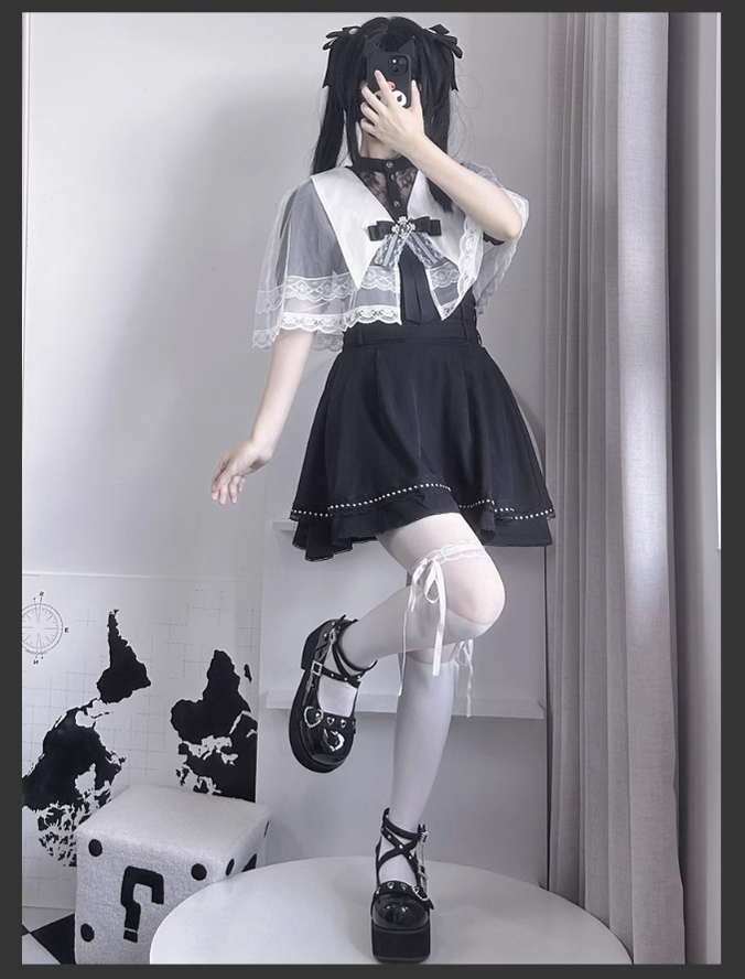 Jirai Kei Skirt Angel Wing Collar Blouse Double Layered Skirt 39538:634872