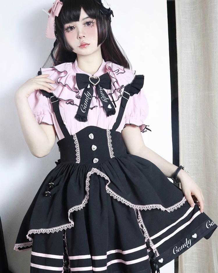 Pink Jirai Kei Short-sleeved Blouse, Puffy Sleeves 22780:342686