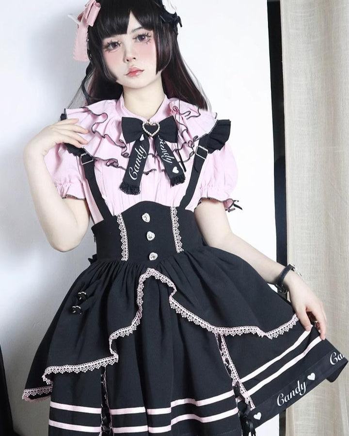 Pink Jirai Kei Short-sleeved Blouse, Puffy Sleeves 22780:342686