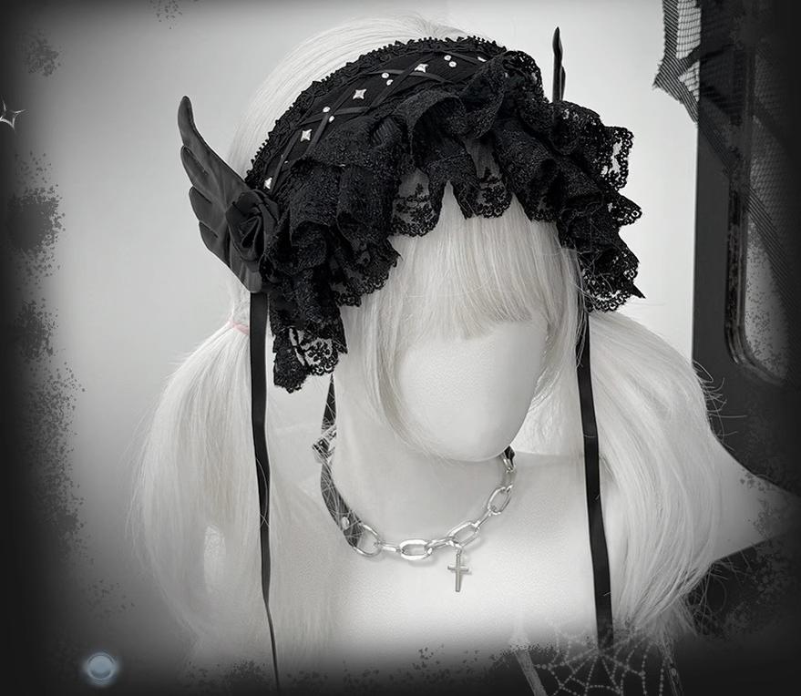 Black Jirai Kei Lace Hairband with Wings Flowers and Rivets 42803:754723