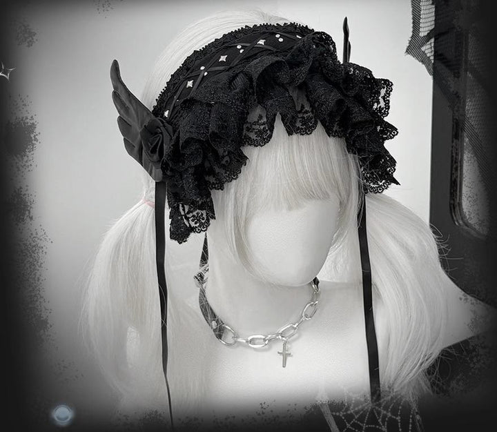 Black Jirai Kei Lace Hairband with Wings Flowers and Rivets 42803:754723