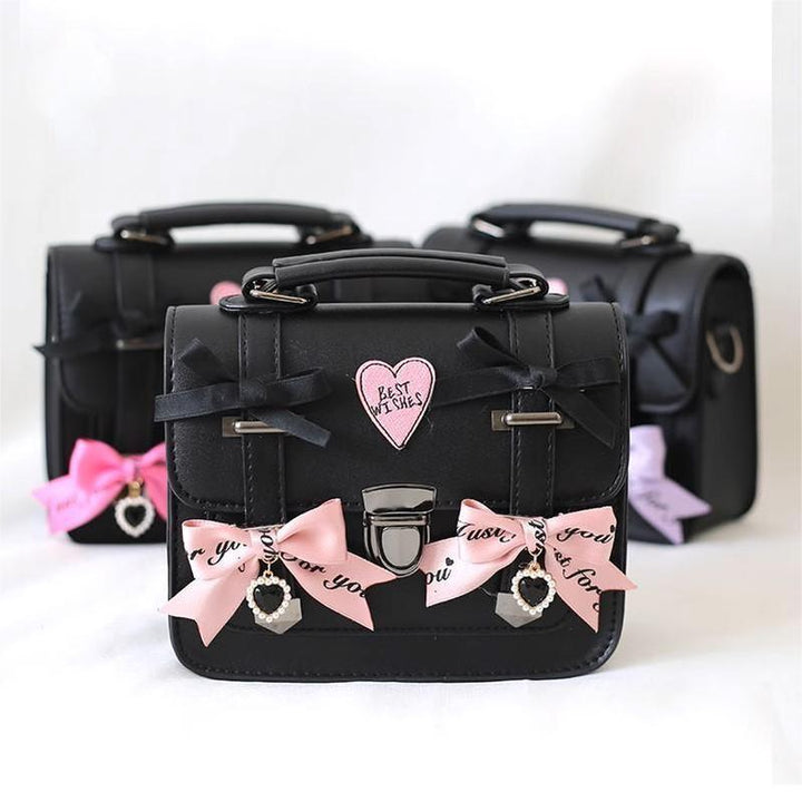 Black Jirai Kei Bag Leather Shoulder Bag With Bows And Rhinestone 33802:449858