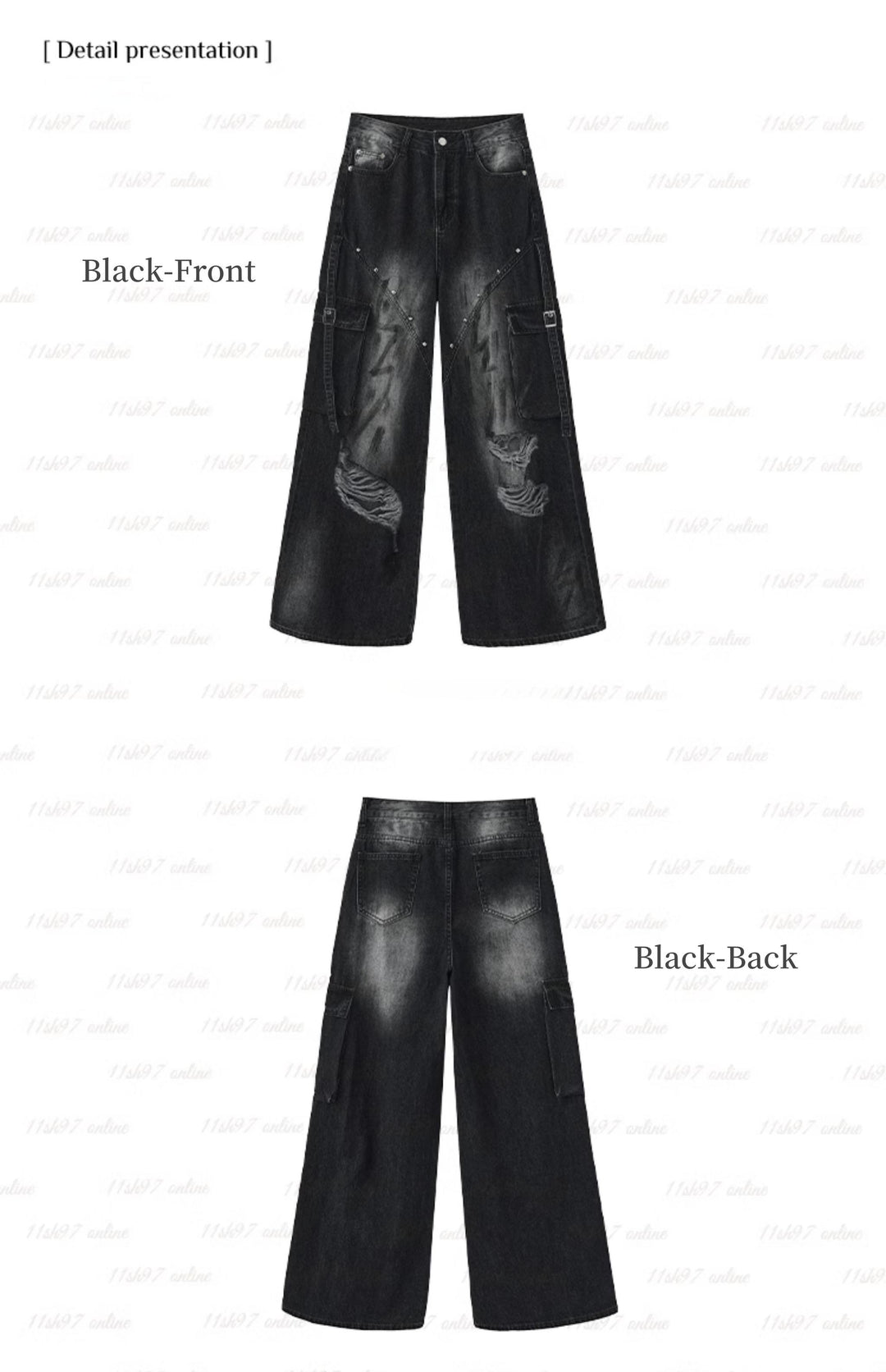 Punk Pants Black Straight Wide Leg Ripped Jeans Autumn 39760:642306