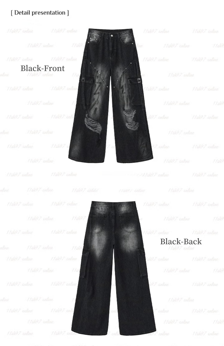 Punk Pants Black Straight Wide Leg Ripped Jeans Autumn 39760:642306