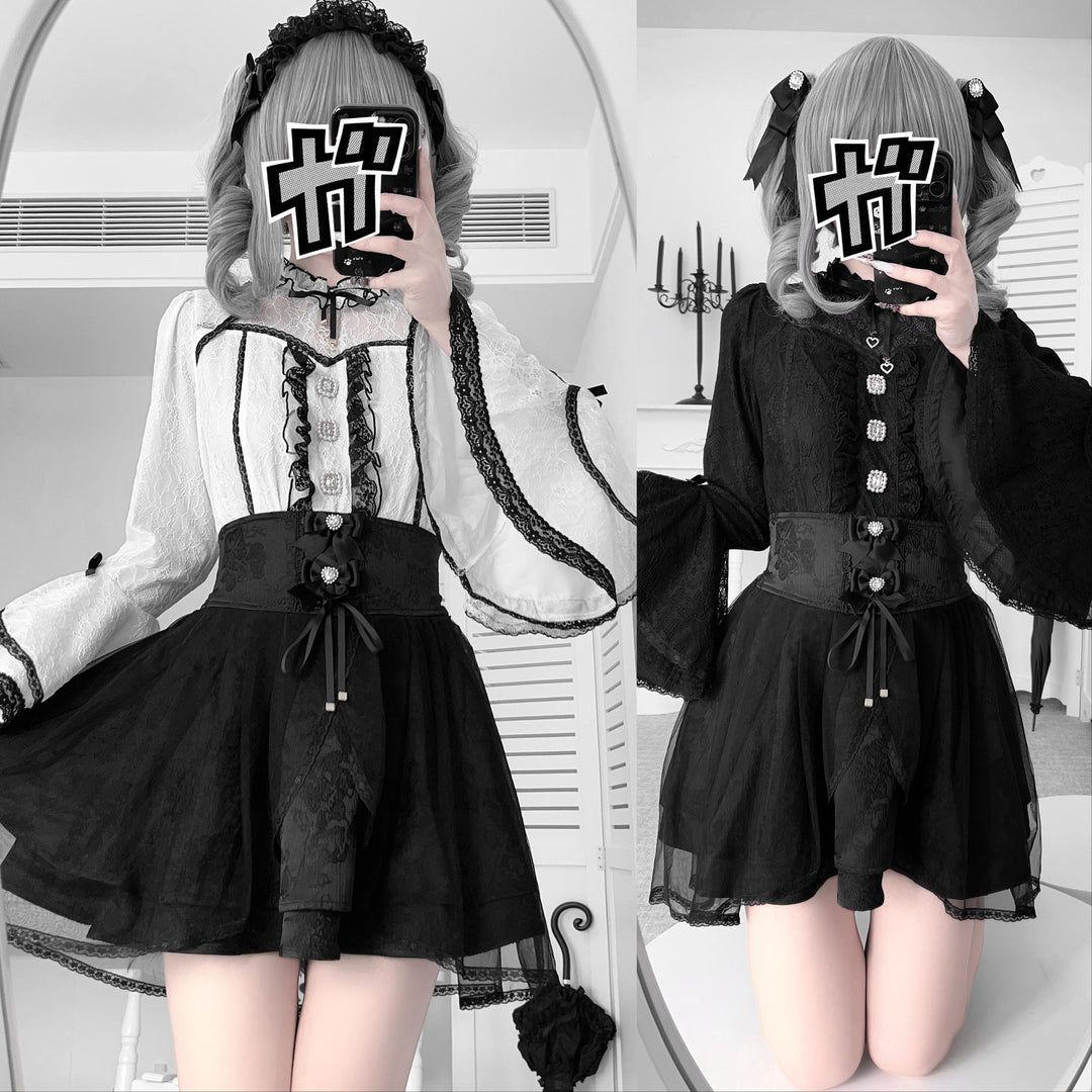 Jirai Kei Lace Blouse and Jacquard Skirt, Hime Sleeves 43943:792472