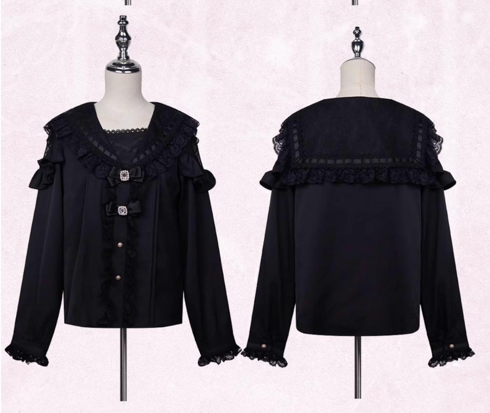 Sailor Collar Jirai Kei Blouse with Tulle Shoulder and Lace Frill (L M) 42523:744448
