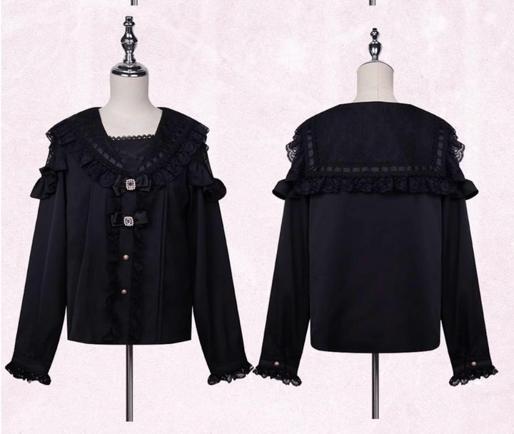 Sailor Collar Jirai Kei Blouse with Tulle Shoulder and Lace Frill (L M) 42523:744448