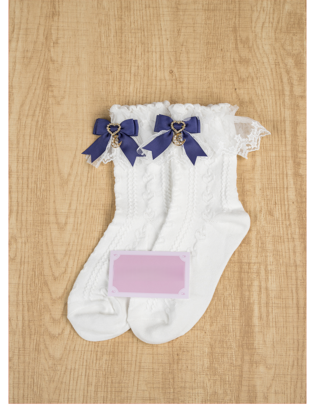 Cotton Ankle Length Lace Socks, Moon Pendant (Navy) 44007:792570