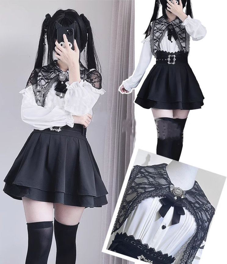 Jirai Kei Lace Blouse Double Layer Skirt A-line 39278:618510