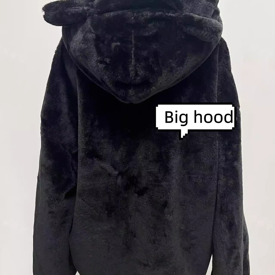 Jirai Kei Coat Black Fleece Hooded Jacket With Cat Ears 40754:677996