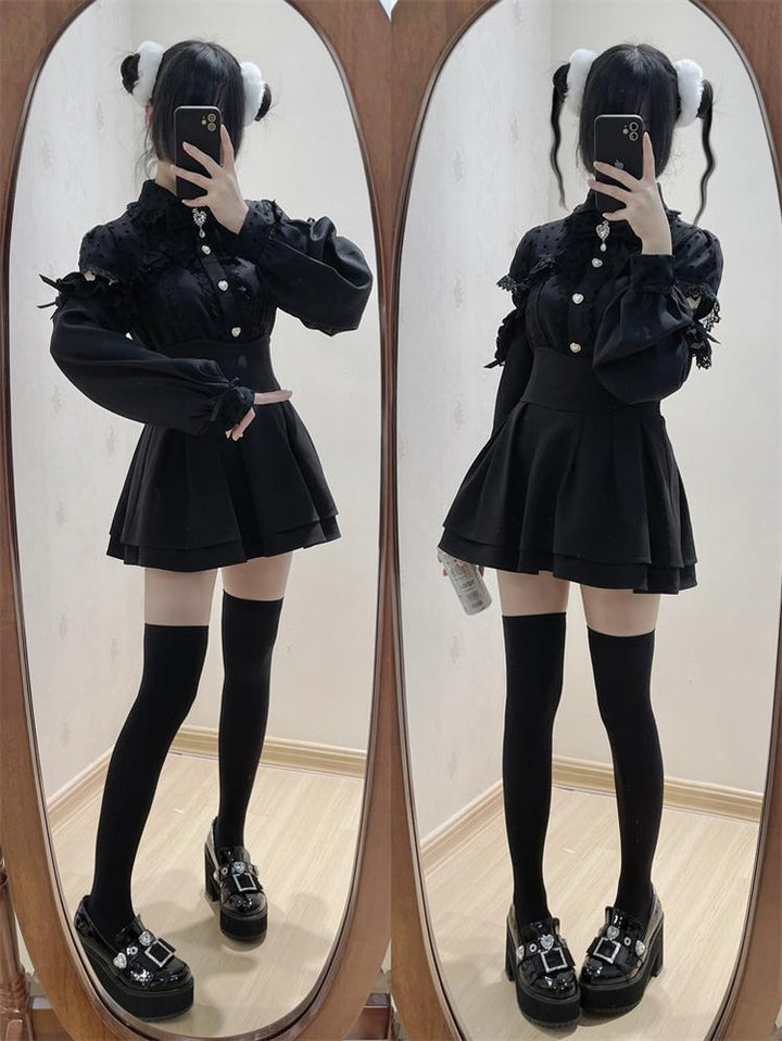 Jirai Kei Blouse, Lace Open Shoulder, Dolka Dots 34044:486464