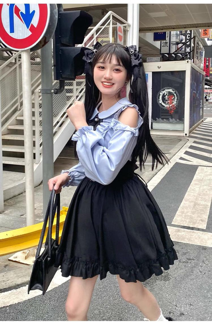 Jirai Kei Blue Open Shoulder Blouse, Flounce Hem Skirt 21966:351036