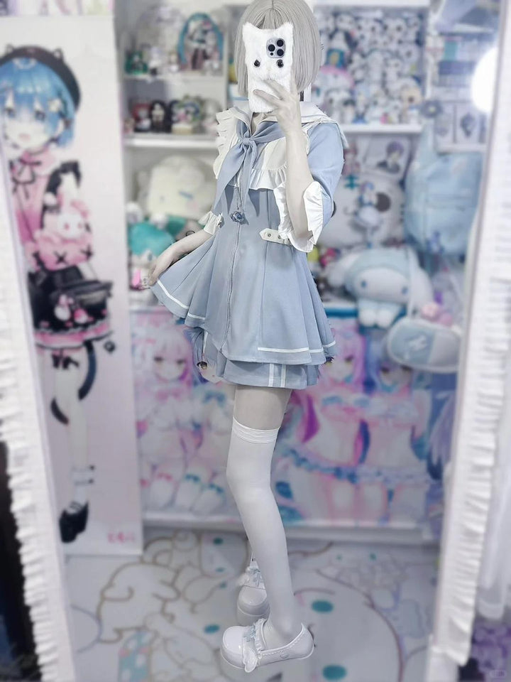 Jirai Kei Set Up Blue Lace Dress And Shorts Set 37046:761478