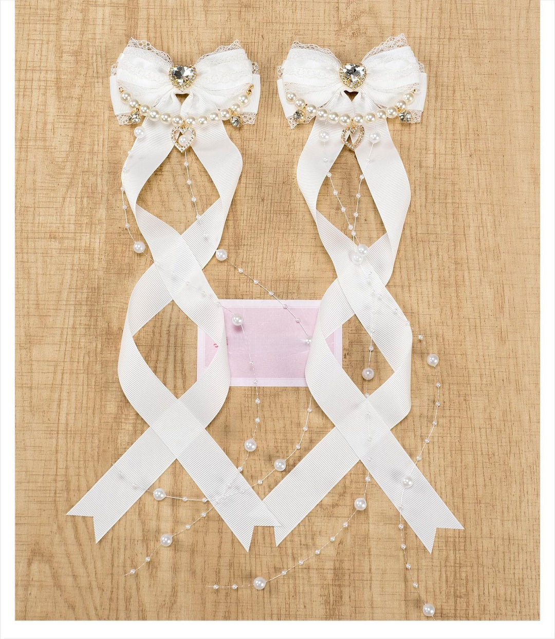 Jirai Kei Bow Hair Clip, Heart Rhinestone, Pearl Chain, Lace Trim (Pair) 43501:778536