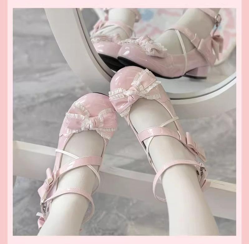 Sweet Lolita Round-toe Shoes with Low Heel and Bow Details (Pink / 34 35 36 37 38 39 40 41) 42555:746332