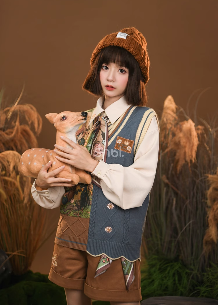Mori Kei Clothing Set Retro Shirt Academy Vest Casual Shorts 39286:618854