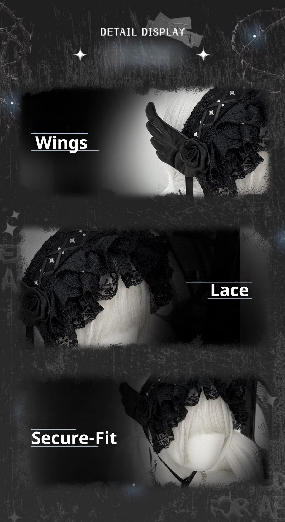 Black Jirai Kei Lace Hairband with Wings Flowers and Rivets 42803:754718