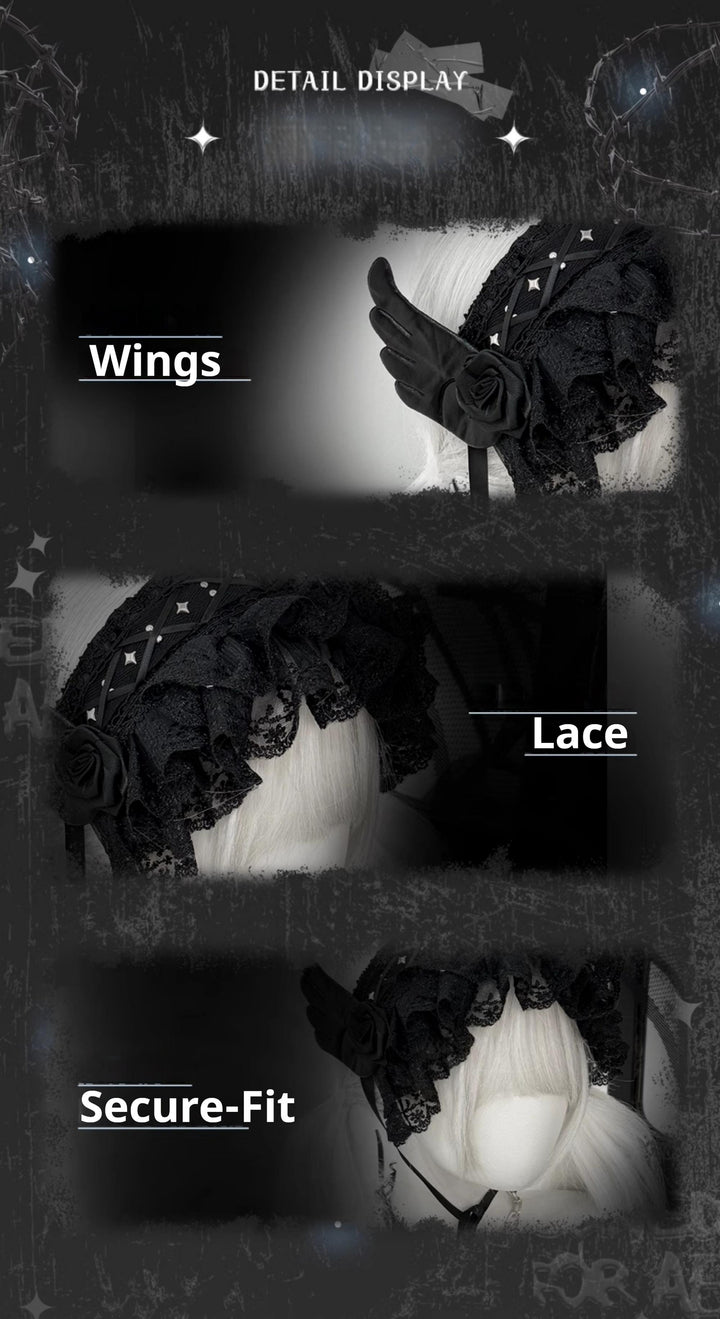 Black Jirai Kei Lace Hairband with Wings Flowers and Rivets 42803:754718