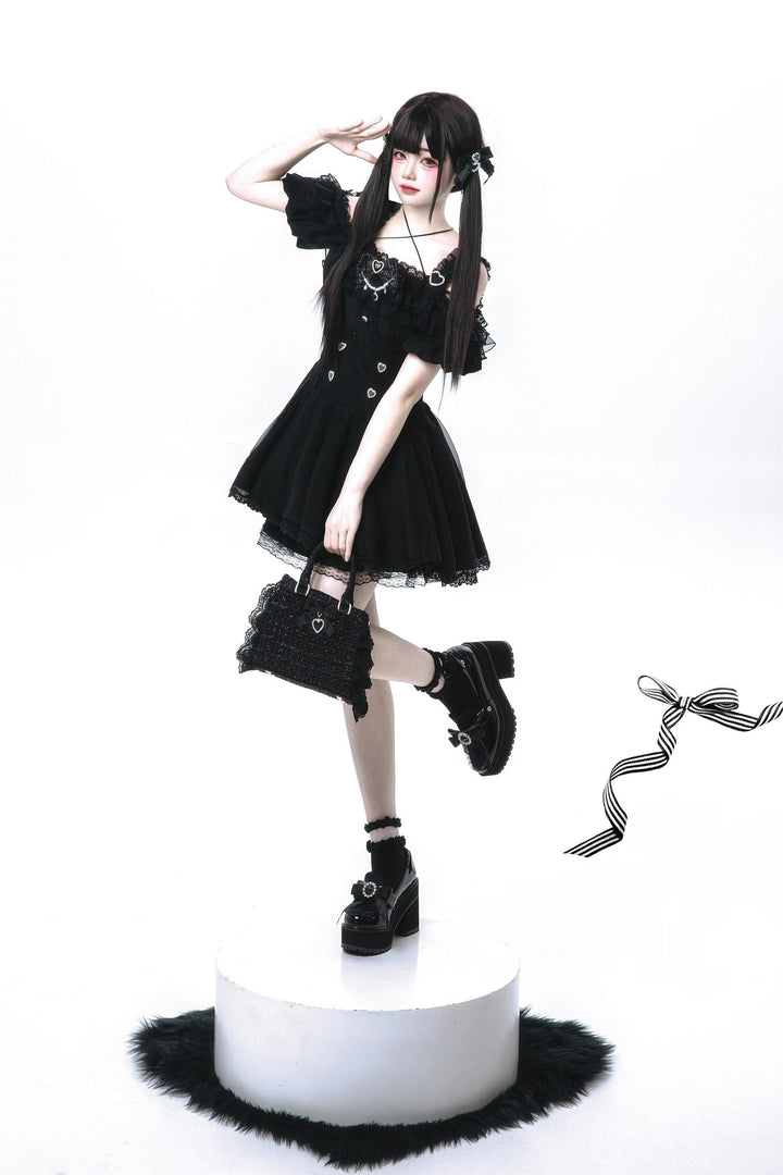 Jirai Kei Skirt Set Open-shoulder Blouse with Heart Bow Tie 42864:755964