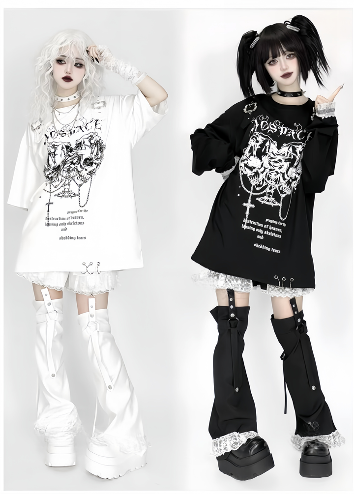 Punk Shorts Y2K Patchwork Leg Cover Tiered Lace 40638:671454