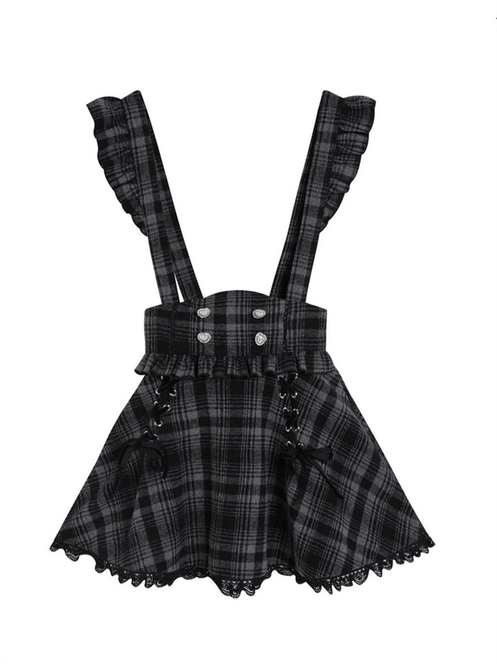 Jirai Kei Set Purple Open-Shoulder Blouse Plaid Suspender Skirt Set 33830:440796