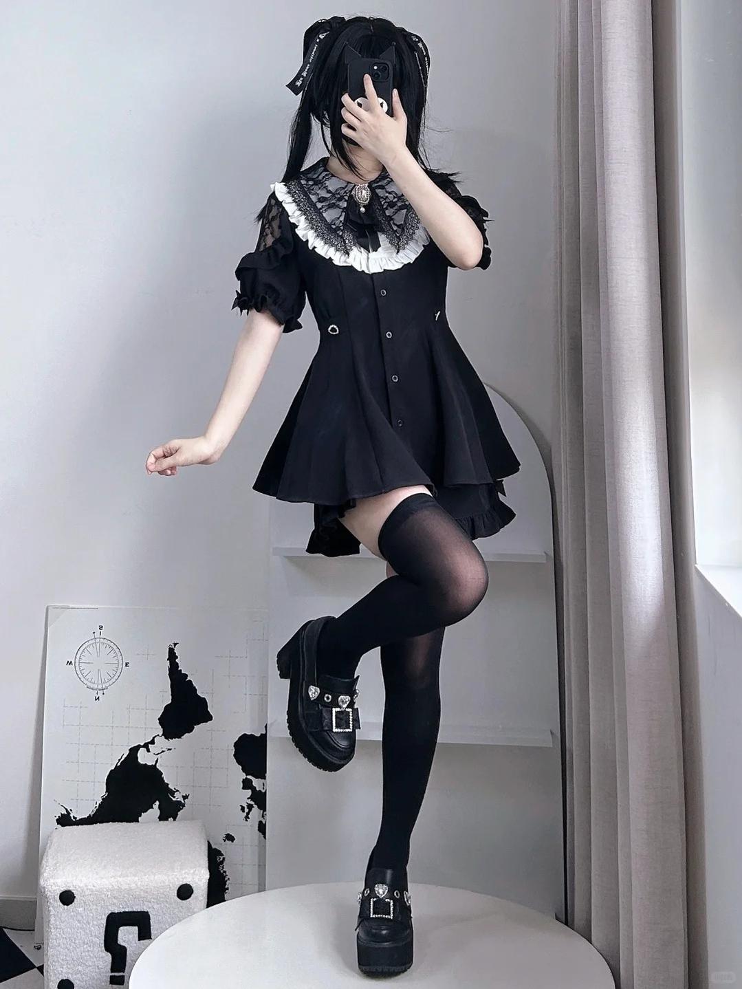 Jirai Kei Dress Set With Puritan Collar And Lace Trim Multicolor 37842:762152