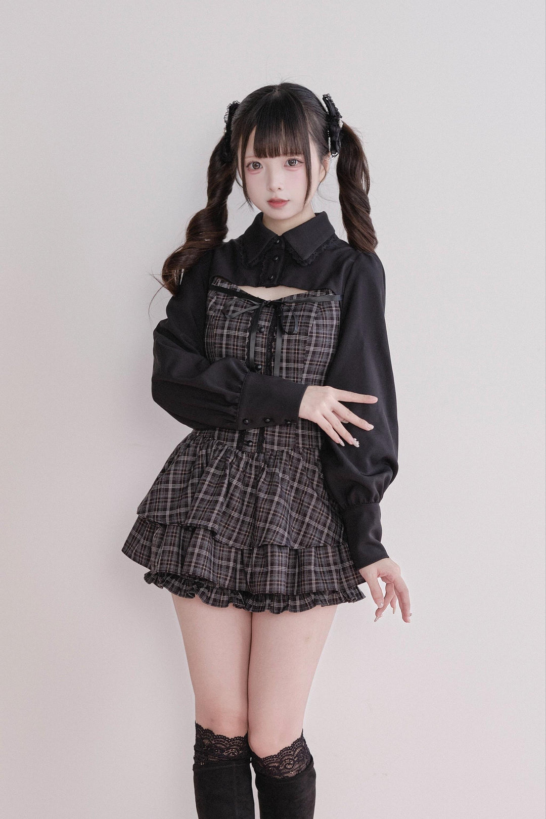 Jirai Kei Plaid Dress Set, Tiered Ruffles 44594:815619