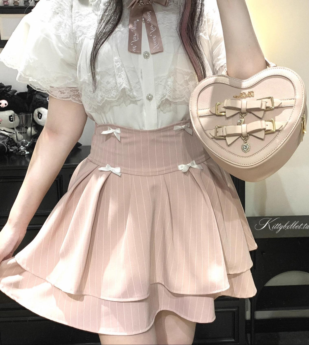 Striped Jirai Kei Skirt, Elastic Built-in Waist Shorts 43074:766280