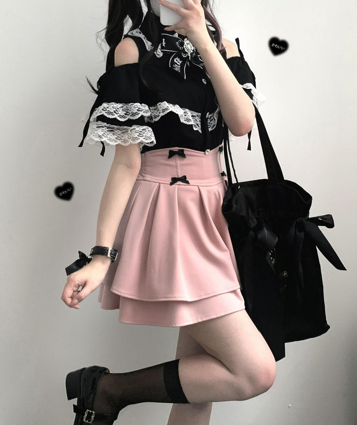 Jirai Kei Shirt Lace Open-shoulder Blouse Short Sleeve Top 36782:537566