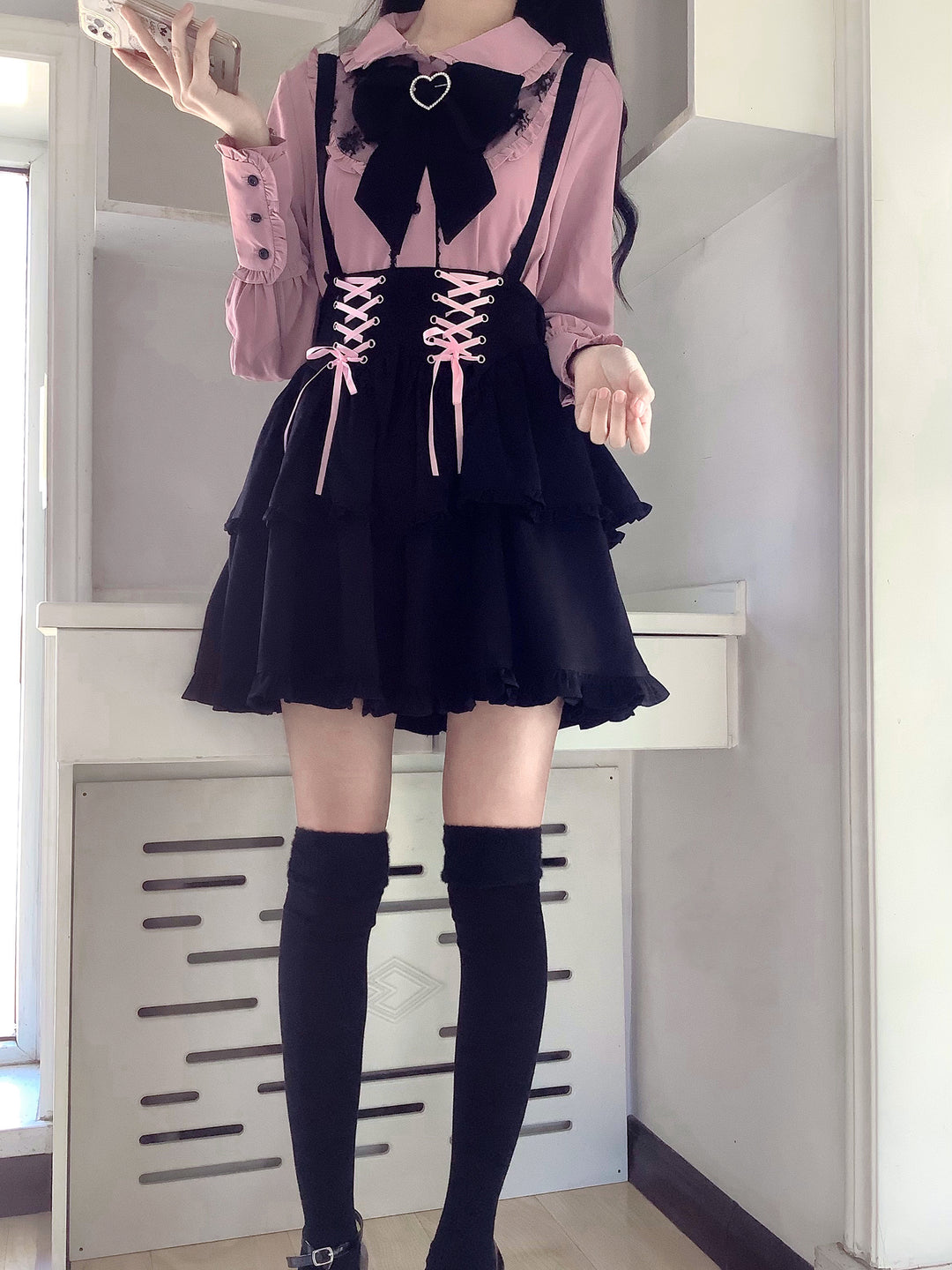 Pink Jirai Kei Blouse, Black Lace Up Skirt 21832:461359