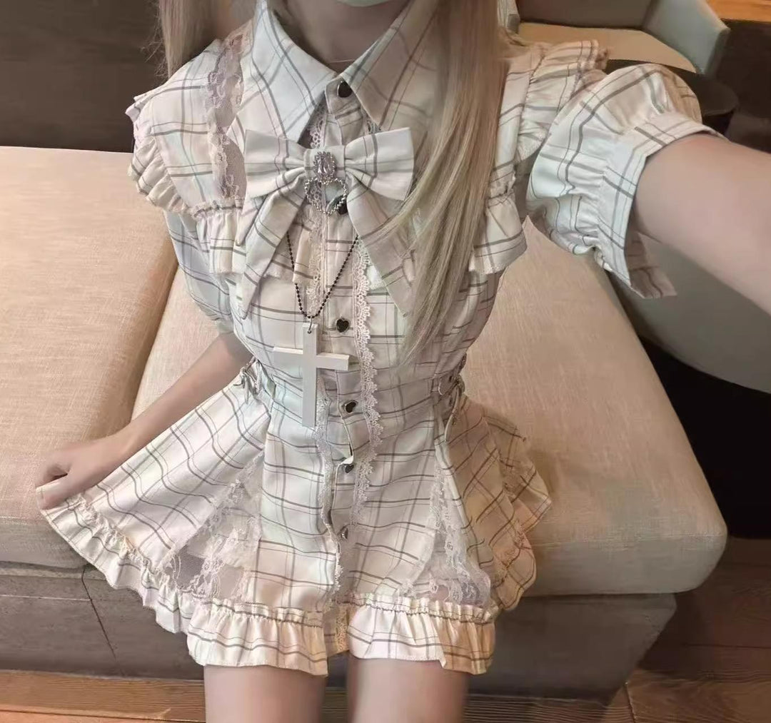 Lace Neck Jirai Kei Set Up, Pocketed Shorts (L M S XL) 43544:779021