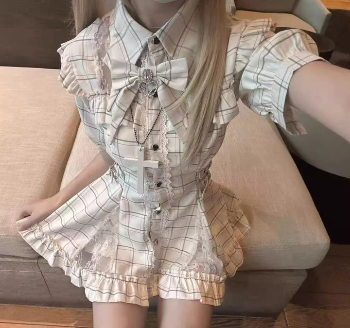 Lace Neck Jirai Kei Set Up, Pocketed Shorts (L M S XL) 43544:779021