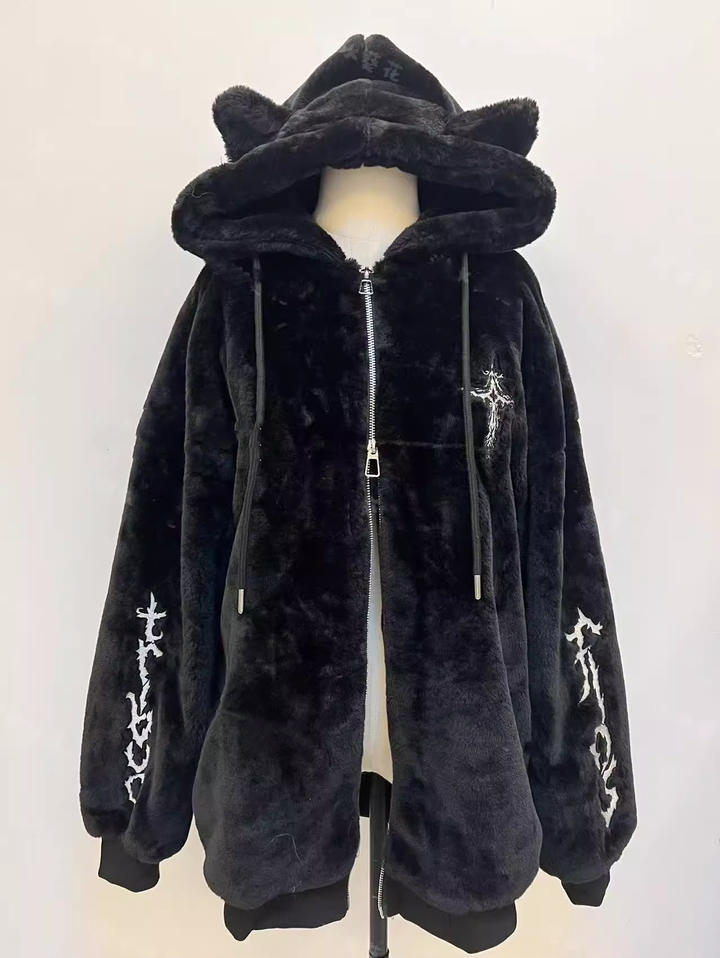 Jirai Kei Coat Black Fleece Hooded Jacket With Cat Ears 40754:678010