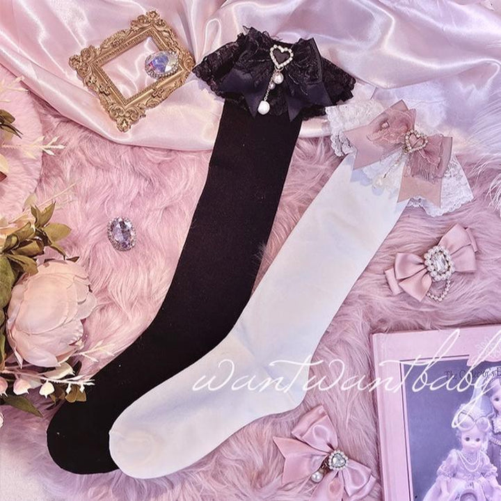 Jirai Kei Socks Black White Pink Blue Bow Lace Socks 21754:320602