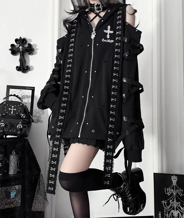Gothic Open-Shoulder Hoodie Jacket with Devil Horns 46063:875489