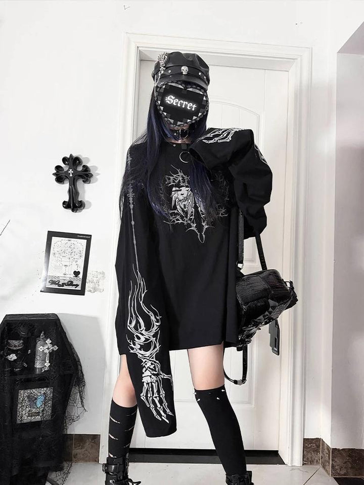 Gothic Long Sleeve Cotton T-Shirt, Demon Ram Embroidery 46062:875060