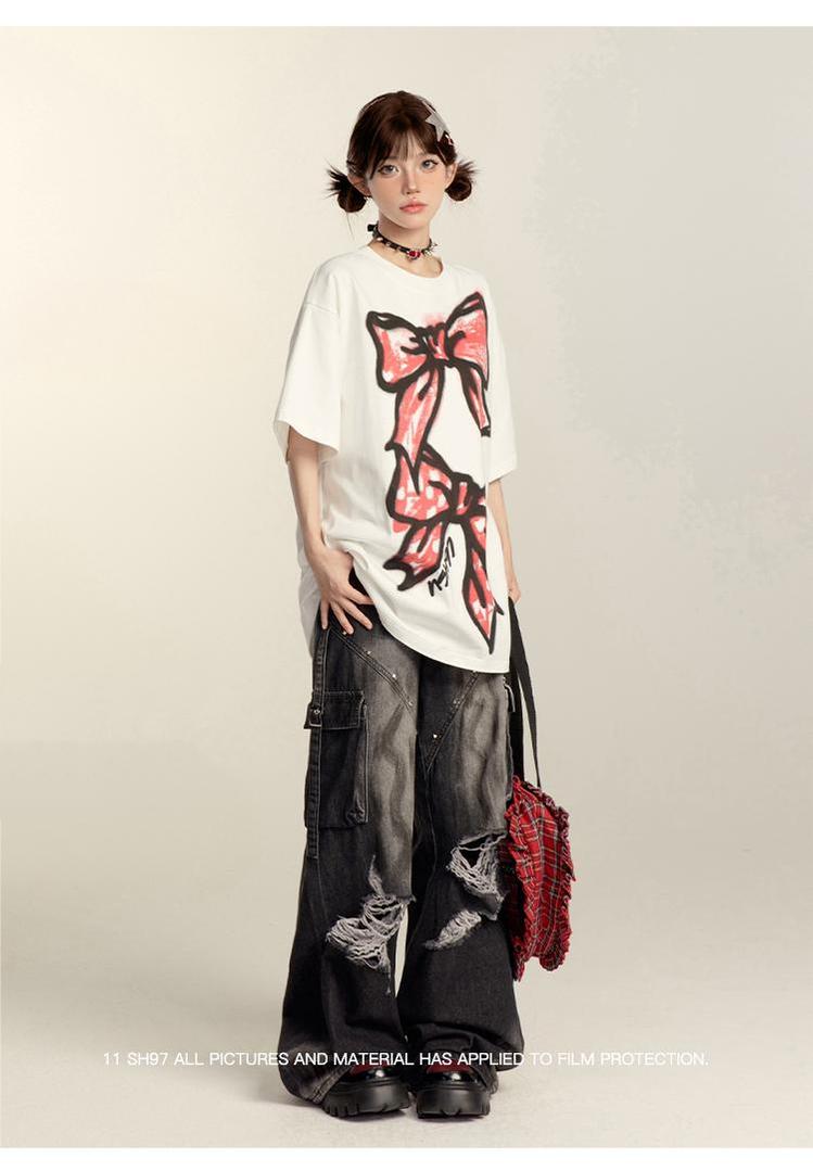 Punk Pants Black Straight Wide Leg Ripped Jeans Autumn 39760:642284