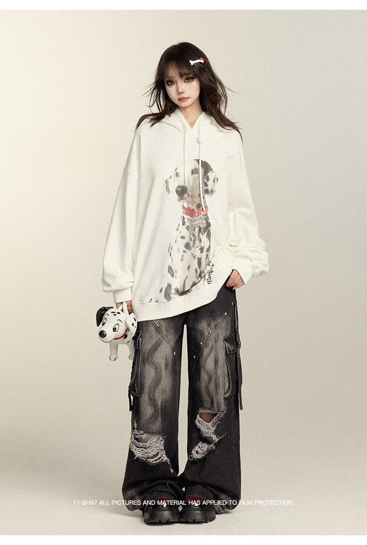 Punk Pants Black Straight Wide Leg Ripped Jeans Autumn 39760:642268