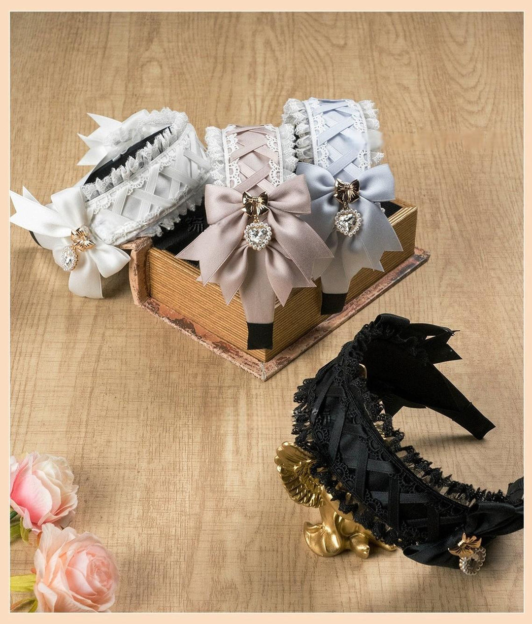 Ruffled Lace Jirai Kei Headband with Bows and Rhinestone 42485:742663