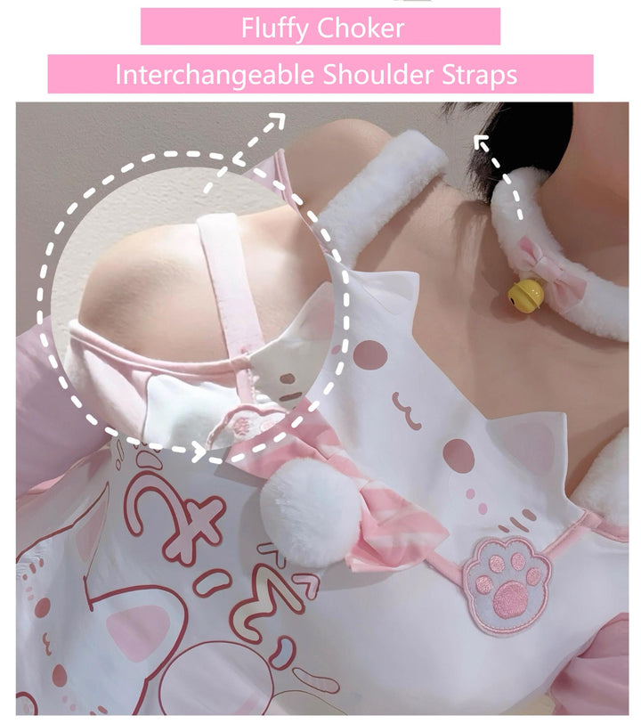 Kawaii Cat-Print Cotton Skirt Off-Shoulder Top with Choker 42812:755925