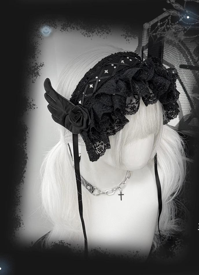 Black Jirai Kei Lace Hairband with Wings Flowers and Rivets 42803:754722