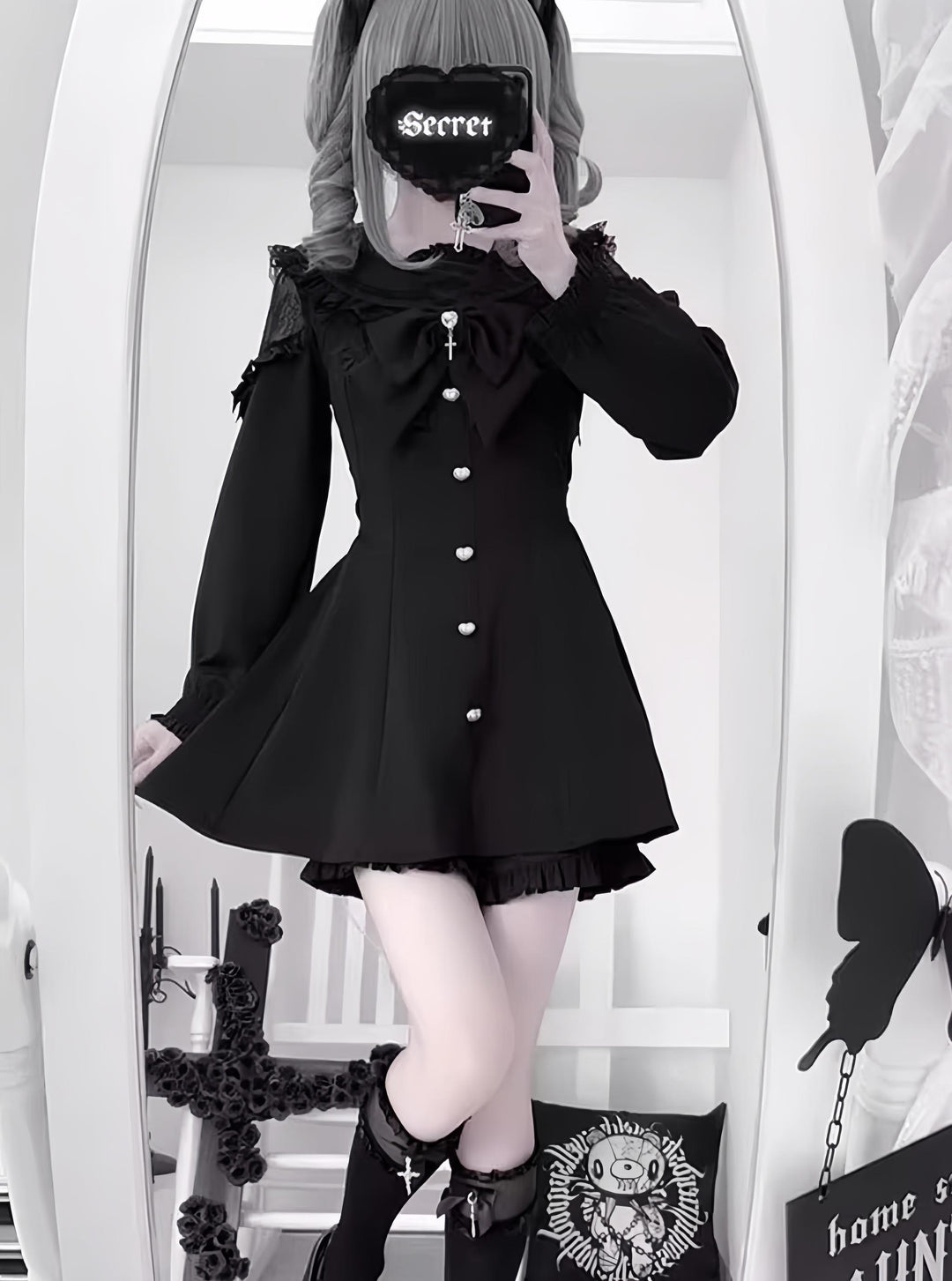 Jirai Kei Set Up, A-line Dress, Short/Long Sleeve Style 43295:772888