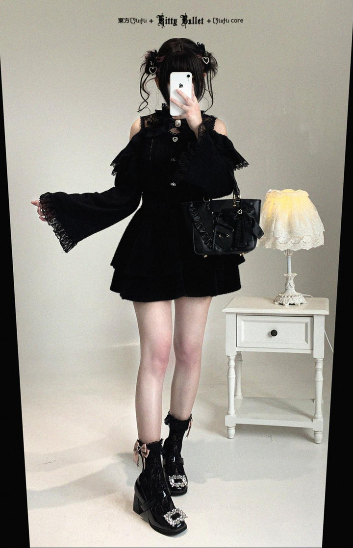 Jirai Kei Off-Shoulder Sweater, Lace Neck 44471:811057