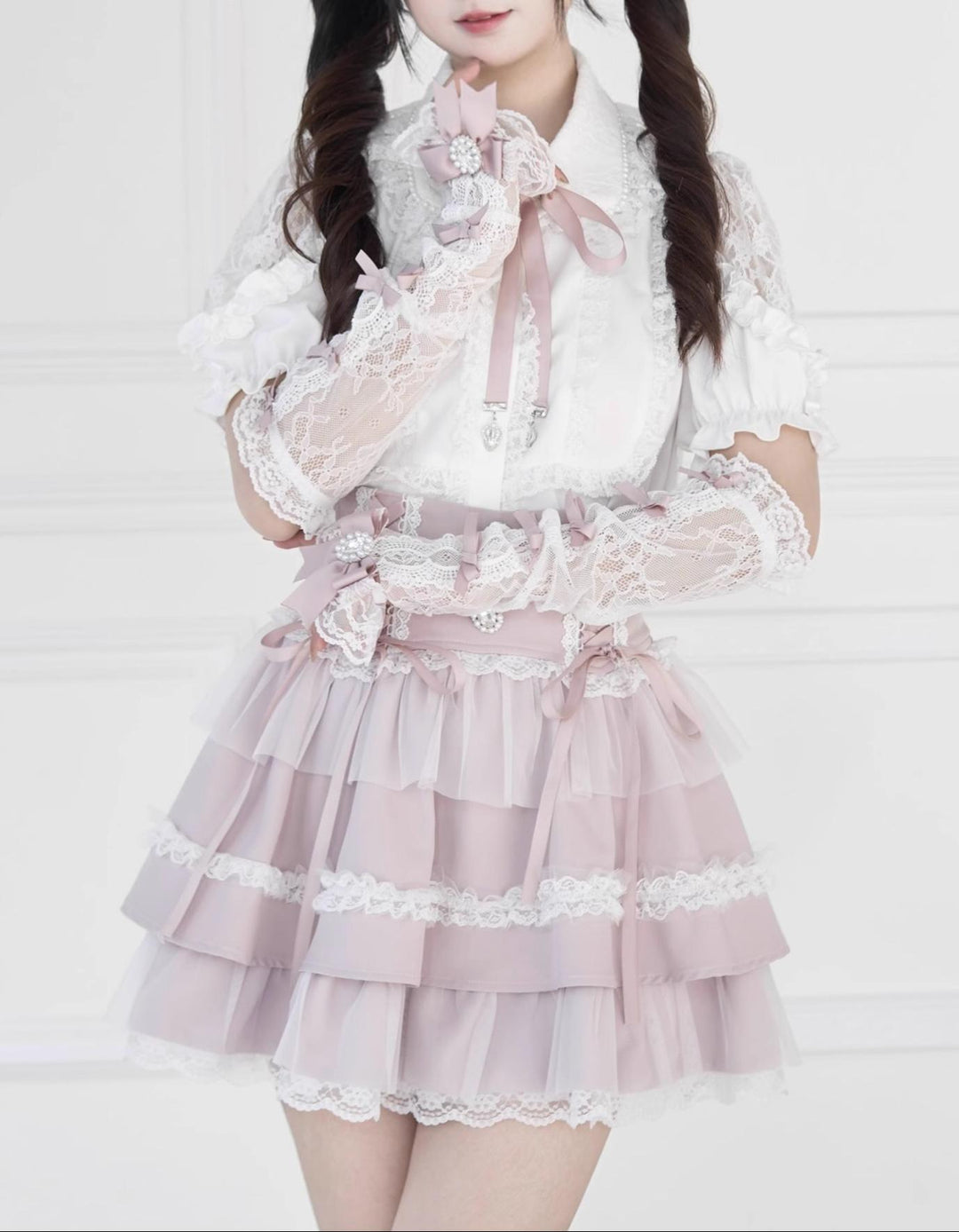 Jirai Kei Lace Arm Sleeves, Ribbon Bows, Rhinestones, Pearl Accents 43316:773897