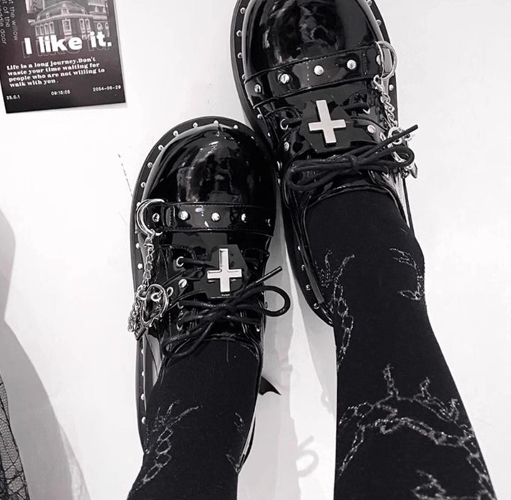 Punk Platform Shoes Round Toe Spice Girl Shoes Metal Crosses 38050:596302