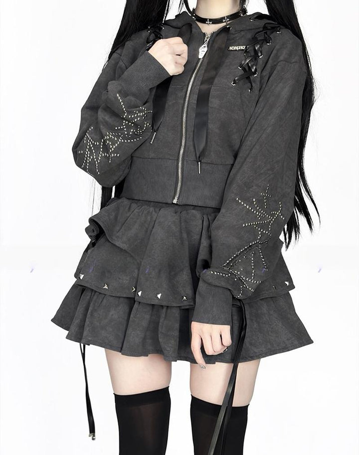 Subculture Skirt Outfit, Short Zipper Closure Hoodie 44484:816752