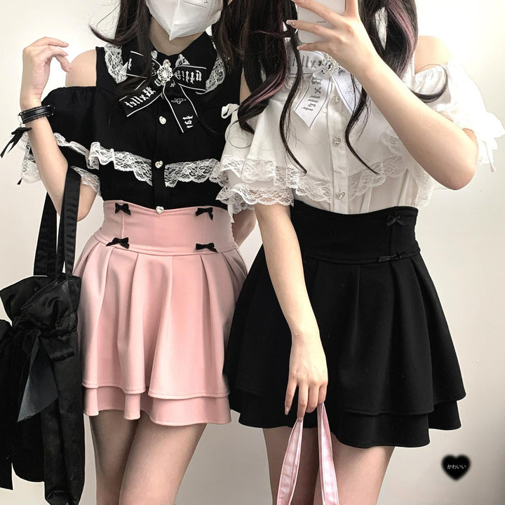 Jirai Kei Shirt Lace Open-shoulder Blouse Short Sleeve Top 36782:537562