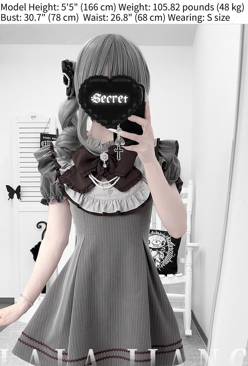 Striped Jirai Kei Dress,Thigh Length, Detachable Bowtie 43574:780093