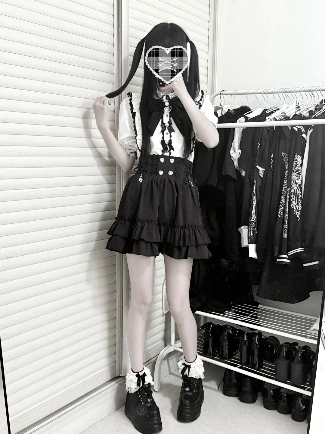 French-Style Jirai Kei Blouse, Large/Small Bow Pins 43196:772005